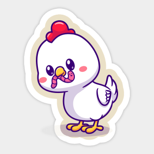 Cute Chicken Eating Worm Cartoon Sticker